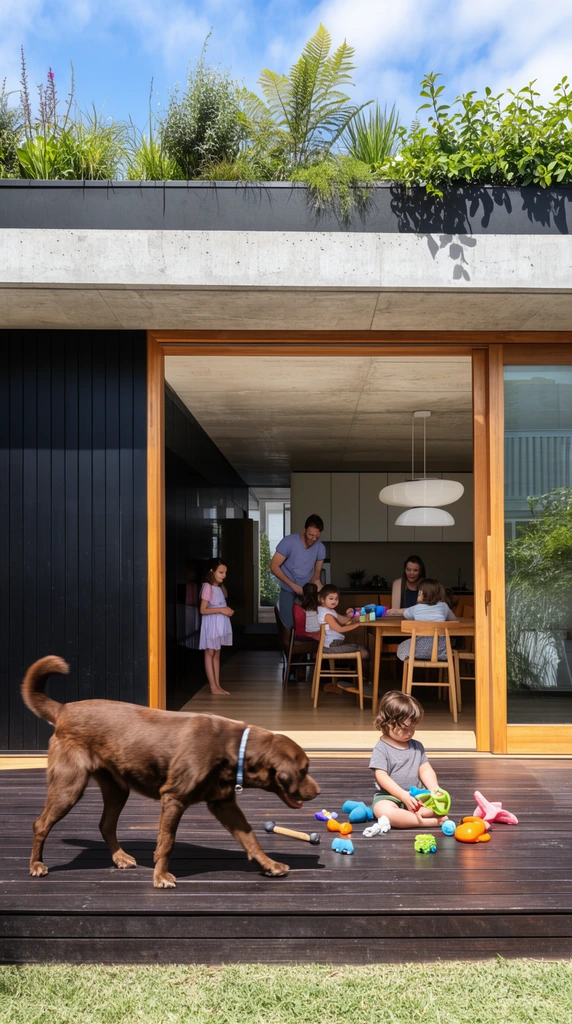 A brown dog walks across a dark wooden deck scattered with bright toys. A child sits playing nearby. Behind them, a modern open-concept home connects the patio to an indoor dining area where a family gathers. The architecture features black paneled walls, wood trim, and a concrete ceiling topped with a lush rooftop garden. Bright natural sunlight illuminates the architectural lifestyle scene.