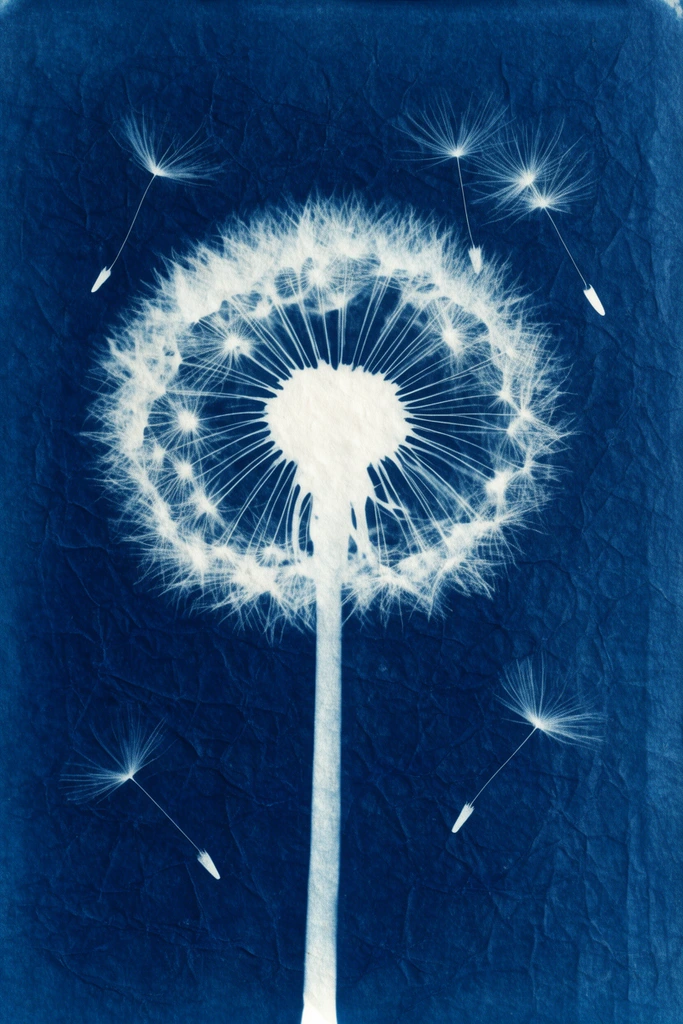 cyanotype print of a dandelion seed head, delicate white fluff on a pale stem, deep indigo background with crinkled texture, floating seeds, botanical photogram