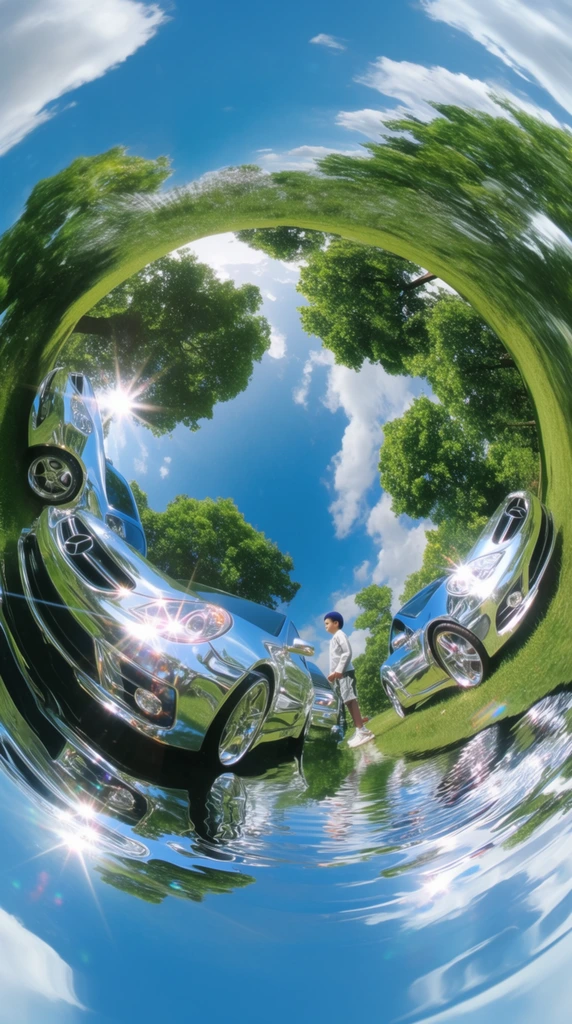 Ultra-reflective, hyper-glossy cars are parked near vibrant green trees alongside a standing boy, entirely distorted through an extreme 360-degree spherical fisheye lens. The environment forms a circular orb rendered in a bright Y2K Frutiger Aero digital aesthetic. A vivid cerulean blue sky with fluffy white clouds curves overhead. Intense sunburst lens flares and prominent star-shaped highlights gleam across the metallic surfaces of the cars. The ground features smooth liquid water ripples reflecting the bright sky, while the lush trees and vivid green grass wrap dramatically around the outer panoramic edges of the sphere.