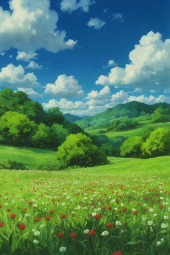 Nostalgic Ghibli Pastoral style reference image — vibrant landscape painting