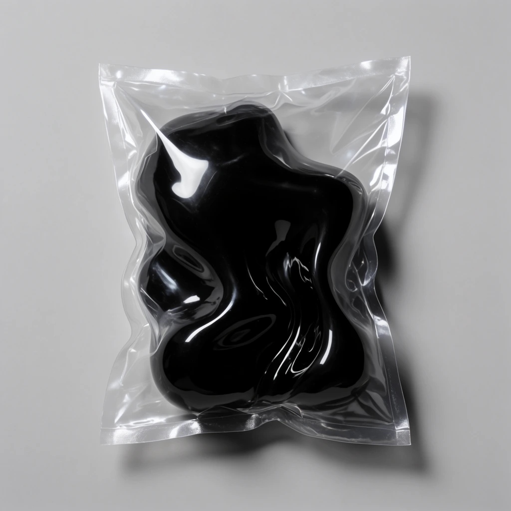 A sealed, transparent plastic bag containing a smooth, undulating, high-gloss black sculptural object rests flat against a seamless, matte light grey background. The clear film crinkles along its heat-sealed edges, catching sharp white specular highlights that warp across its taut surface. Inside, the abstract dark form resembles liquid obsidian, with curved reflections interacting with the optical distortions of the enclosing plastic. Minimalist studio photography with a monochromatic palette uses soft overhead lighting to cast a distinct drop shadow to the bottom right, contrasting the crisp plastic membrane with the heavy, fluid-looking dark mass.