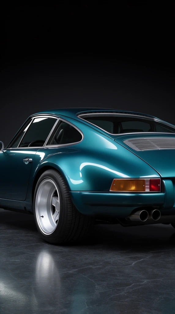 A vintage sports car finished in glossy metallic teal paint rests in a dark studio from a low rear three-quarter perspective. The vehicle features a sloping fastback roofline, wide flared rear fenders, and a horizontal slatted grille on the rear deck. Rectangular amber and red taillight clusters sit above a minimalist rear bumper and dual center-exit exhaust pipes. The car is equipped with deep-dish five-spoke silver alloy wheels and thick tires. Brilliant overhead softbox lighting creates continuous specular highlights along the curved shoulder lines, side windows, and muscular rear haunches, emphasizing the deep luster of the automotive paint. The vehicle sits on a polished dark slate floor casting a soft, diffused reflection, surrounded by a seamless pitch-black environment.