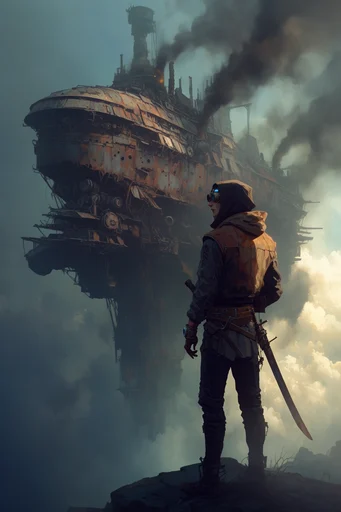 Monumental Industrial Golden Haze style reference image — hazy atmospheric perspective