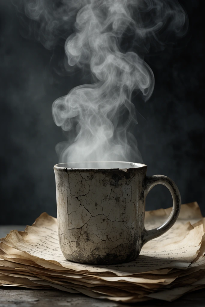 weathered cracked ceramic mug, dramatic billowing steam, scattered aged parchment stack, moody dark grey background, cinematic side lighting, atmospheric photorealistic still life