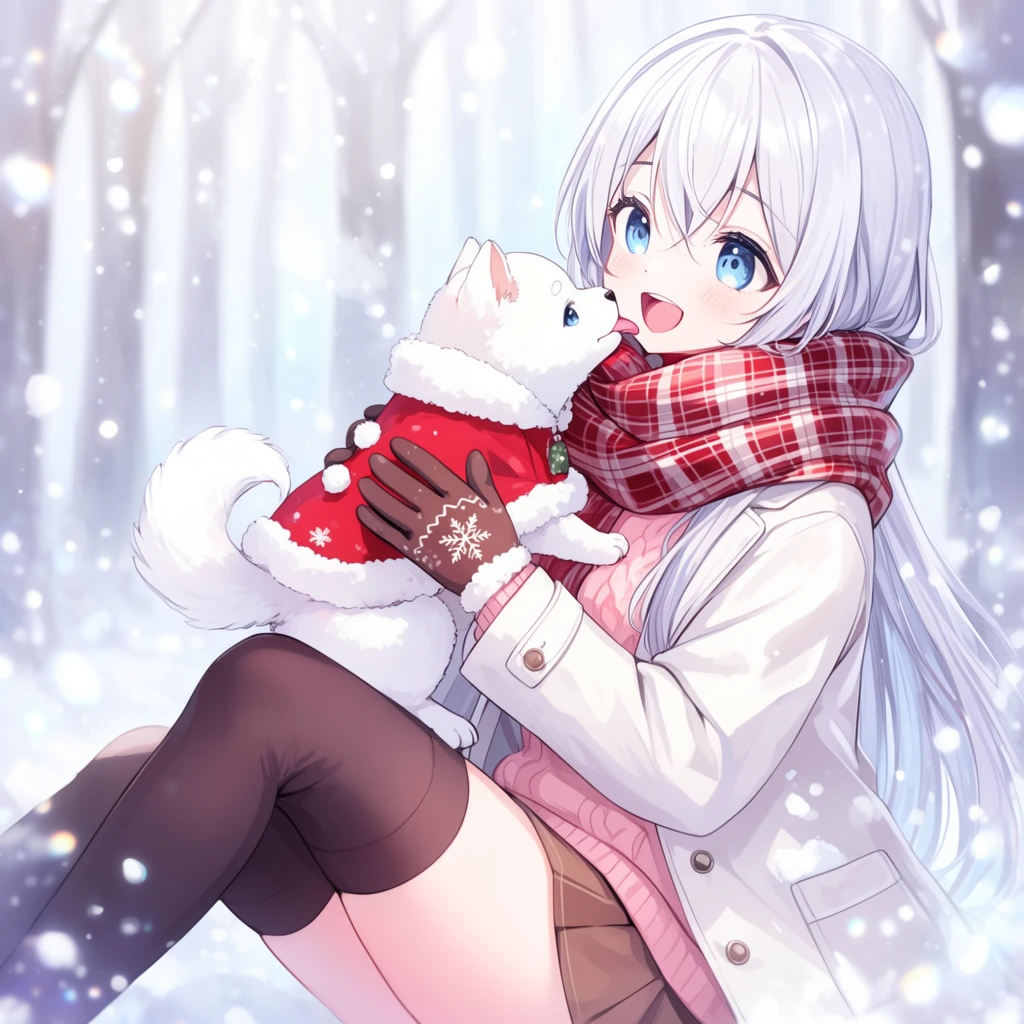 An anime-style illustration features a young woman with long silver-white hair sitting in a snowy forest, joyfully cradling a fluffy white puppy. She has large blue eyes and wears a thick red-and-white plaid scarf, a white winter coat over a pink sweater, a brown miniskirt, thigh-high dark socks, and brown snowflake-patterned gloves. The puppy wears a festive red coat with white trim and reaches up to lick her chin. The scene is rendered with soft, luminous lighting, pale blurred tree trunks in the background, and glowing bokeh effects of falling snowflakes that create a dreamy winter aesthetic.