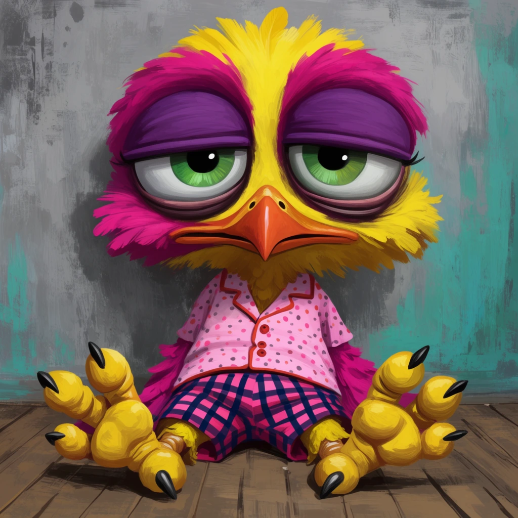 anthropomorphic bird with an oversized head, tired expression, vibrant yellow and magenta feathers, heavy purple eyelids, large green eyes, dotted pink pajama shirt, pink and navy plaid shorts, massive yellow feet with black talons, slouching on a wooden plank floor, distressed gray and teal painted background, pop surrealism digital painting, visible brushstrokes