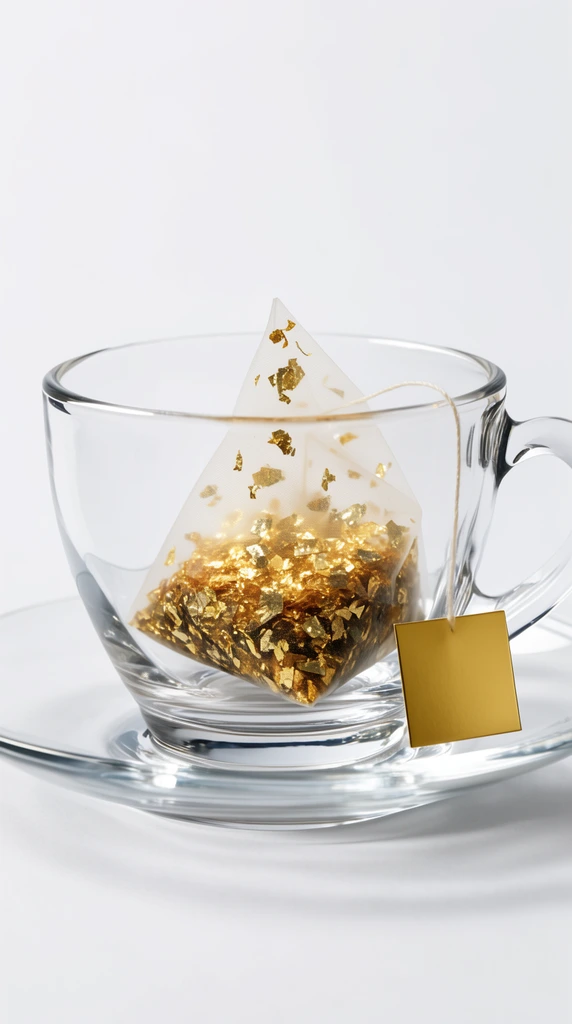 A clear glass teacup and saucer sit against a plain white background. Inside the empty cup rests a translucent pyramid tea bag filled with shimmering metallic gold flakes. A delicate string drapes over the rim, ending in a solid gold square tag. Bright studio lighting creates crisp glass reflections and highlights the gleaming contents in a minimal product photography style.