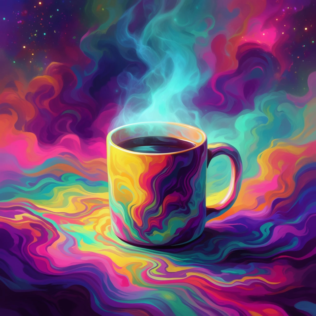 A centrally framed mug filled with dark liquid rests within a vibrant, swirling vortex of psychedelic fluid dynamics. The mug is coated in marbled, flowing patterns of bright yellow, magenta, teal, and deep purple, blending seamlessly into the undulating, liquid-like surface beneath it. Plumes of ethereal, luminescent cyan steam rise from the rim, merging into a massive background of churning, highly saturated vapor clouds. The digital illustration features smooth, painterly strokes and bold neon gradients illuminated by a radiant inner glow. Tiny luminous speckles float in the upper corners, adding depth to the vividly saturated, high-contrast dreamscape.