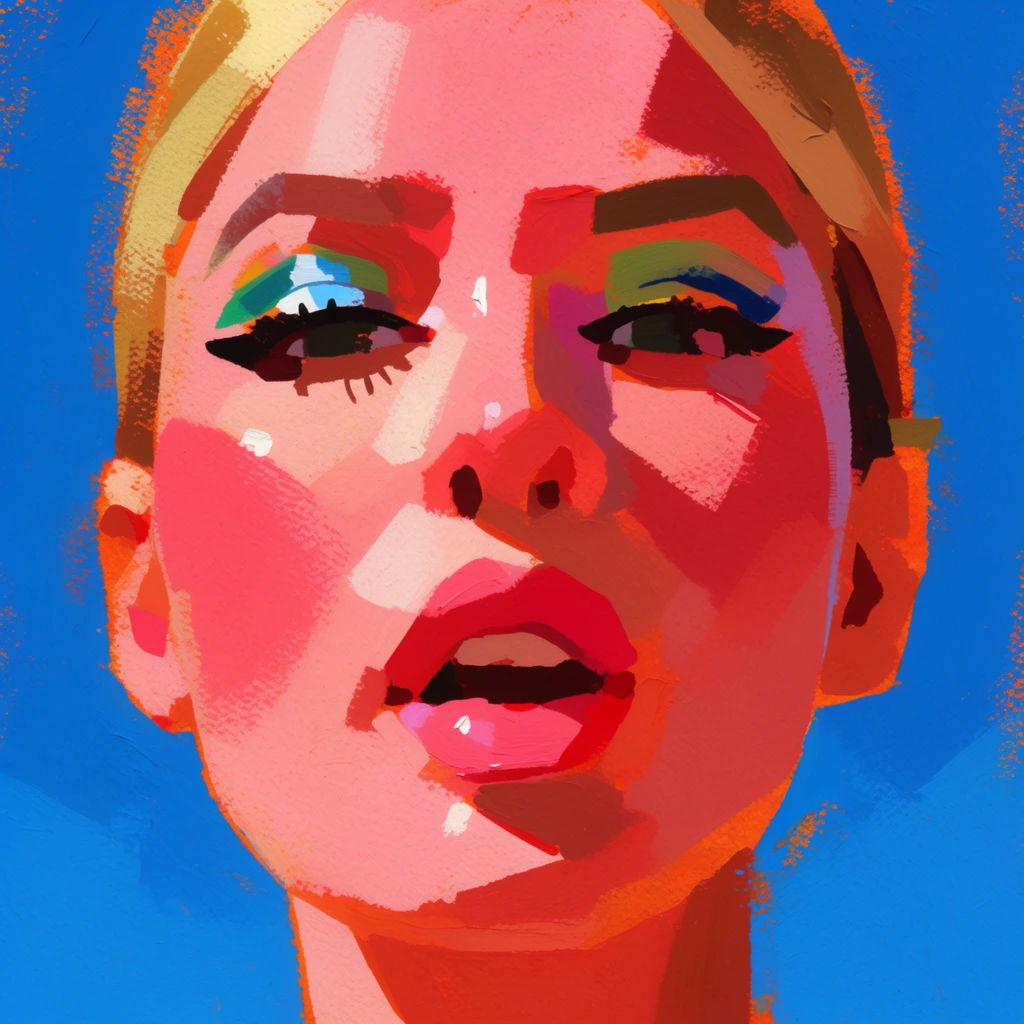 A close-up stylized gouache painting of a woman's face with vibrant eye makeup and slightly parted lips, rendered in chunky, bold brushstrokes against a saturated cerulean blue background. Her face dominates the frame, constructed from simplified, exaggerated forms and broad, flat planes of color. Thick, impasto-like strokes define her features, with her slightly parted lips painted in bold, solid hues and her eyes framed by graphic, heavily applied makeup. The skin is painted in bright, flushed pinkish-red tones, interacting with intense, direct sunlight that creates hard-edged, geometric shadows. The artistic medium exhibits the textured, dry-brush qualities of traditional thick acrylic or gouache on rough canvas, featuring textured, raw edges that reveal glimpses of a bright orange underpainting. The highly saturated, warm, and cheerful color palette utilizes high-contrast juxtapositions of solid background space against the rough, expressive painterly textures of the portrait, evoking a vibrant mid-century modern illustration aesthetic.