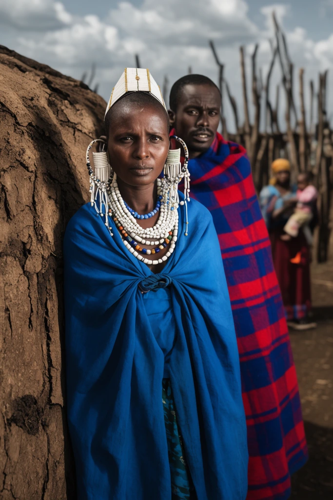 A cinematic portrait of a woman draped in vivid blue cloth, adorned with layered beaded necklaces, large beaded hoop earrings, and a white headpiece. She stands beside a textured earthen wall. Slightly behind her, a man wears a red and blue checkered blanket. The blurred background reveals a woman holding a child near a wooden stick fence under a cloudy sky. High-contrast natural lighting and shallow depth of field emphasize the intricate jewelry and rough mud textures.