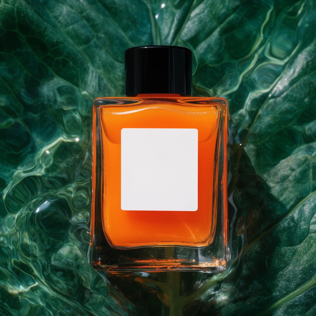 Top-down macro view of a rectangular glass bottle with a black cap and blank white square label, filled with vivid orange liquid. The bottle rests in rippling water above a heavily textured dark emerald green leaf. Crisp overhead lighting casts sharp specular highlights on the undulating water and glossy glass, contrasting the vibrant orange core against the organically distorted green background.