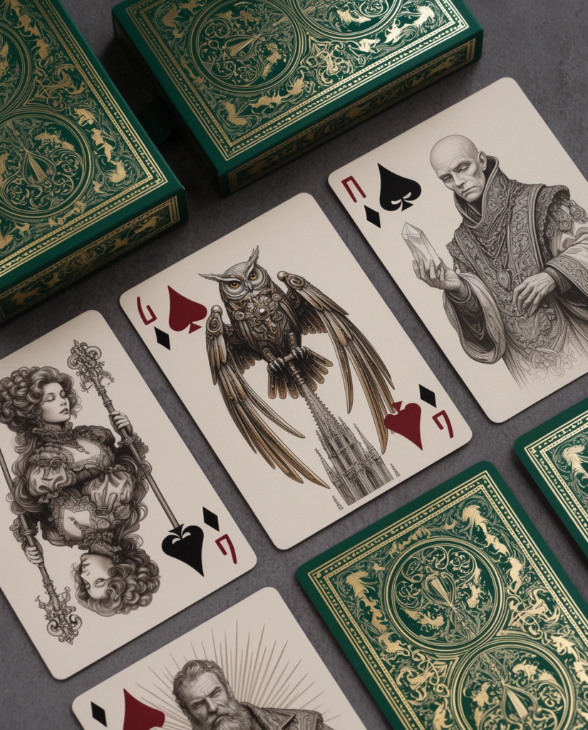 A flat lay arrangement of ornate playing cards across a textured dark grey background. The off-white cards feature intricate, engraved-style black line art of gothic fantasy subjects alongside deep red and black geometric suit shapes. One central illustration displays a mechanical owl perched on a cathedral spire with sweeping metallic wings. Adjacent reversible portraits depict a Victorian woman with voluminous curls holding a staff, and a pale, bald scholar in elaborate robes grasping a crystal. Another portrait shows a rugged, bearded man framed by sunburst rays. The collection includes a decorative tuck box and intricate card backs rendered in deep emerald green and reflective gold foil, showcasing complex symmetrical filigree, interwoven heraldic beasts, and elaborate botanical borders under soft overhead lighting.