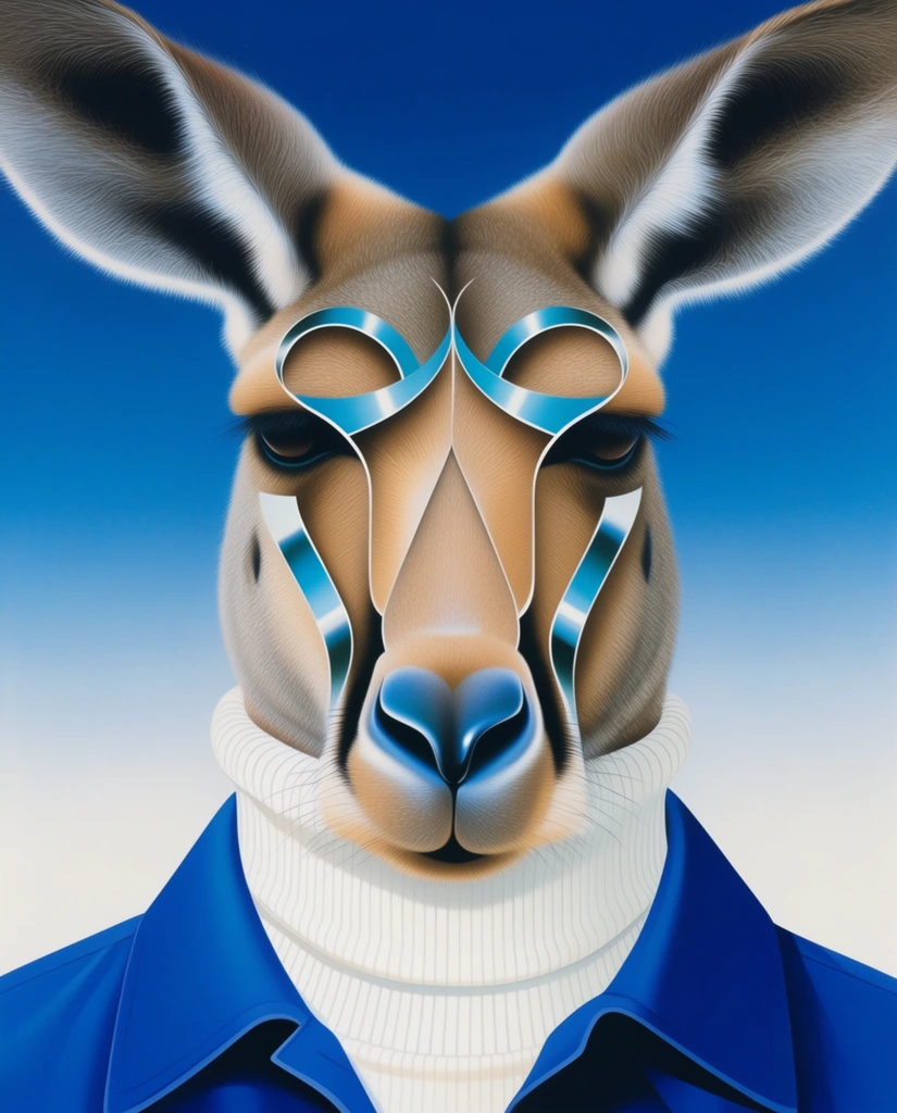 A surreal anthropomorphic portrait of a kangaroo-like creature wearing a vibrant blue collared jacket and a thick white ribbed turtleneck. The stylized face features symmetrical, interlocking tan fur panels edged in smooth metallic cyan ribbons, creating a layered sculptural cutout effect forming the snout and brow. Large furry ears extend horizontally, framing a reflective blue nose. The central figure is set against a flawless gradient sky transitioning from deep cerulean to pale white. The artwork utilizes a polished, retro-futuristic airbrush illustration style defined by precise lighting, sharp graphic contours, and hyper-smooth shading.