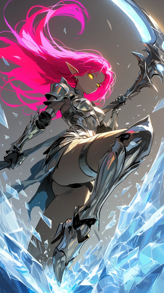 anime-style elven warrior mid-air, flowing neon pink hair, glowing yellow eyes, sleek silver metallic armor, wielding a massive energy scythe, dynamic high-kick pose, shattering translucent blue ice crystals, sharp geometric shards flying everywhere, dramatic rim lighting, muted grey background, high contrast cel-shaded rendering, extreme low angle perspective, action-packed kinetic energy