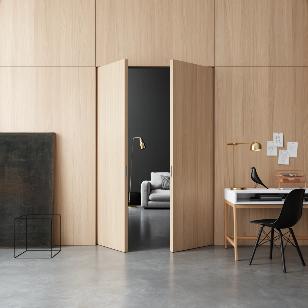 A modern minimalist interior defined by floor-to-ceiling light wood paneling and large double doors slightly ajar in the center, resting on a polished concrete floor. Through the opening, a dimly lit adjacent room reveals dark grey walls, a light grey sofa with a patterned pillow, and a gold floor lamp. To the right, a sleek white desk with a wooden frame is paired with a black molded plastic chair. The desk holds a gold task lamp, a black bird figurine, and a copper wire organizer, with small sketches pinned to the wooden wall above. On the left, a large, dark textured rectangular canvas leans against the wall behind a minimal black wireframe sculpture. The soft, even lighting highlights the clean architectural lines and warm natural tones of the geometric space.