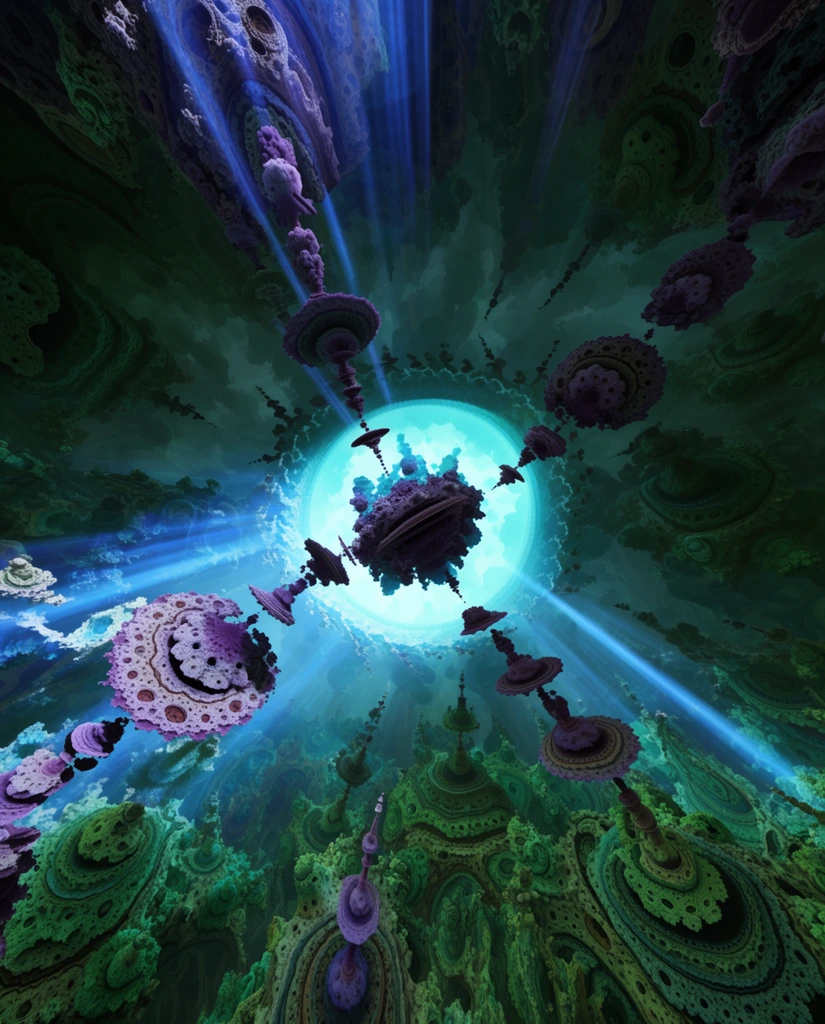 A surreal 3D fractal cavern composed of dark green and teal organic formations with porous, coral-like textures. The extreme upward perspective focuses on a glowing cyan circular aperture crossed by a central formation. Towering purple spires and floating sponge-like platforms curve toward the luminous portal. Brilliant blue light rays pierce the hyper-detailed recursive geometry, highlighting the bioluminescent atmosphere.