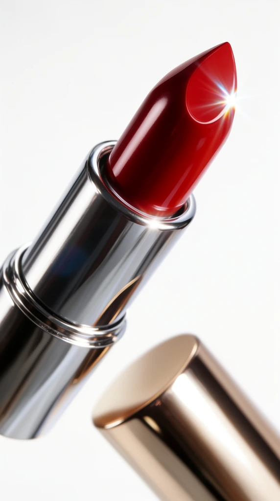 floating open lipstick, vibrant glossy crimson red bullet, sharp beveled tip, prominent starburst light flare, high-shine polished silver metallic cylindrical casing, separate warm metallic cap floating below in soft focus, pure white seamless background, macro product photography, dynamic diagonal composition, extreme close-up, shallow depth of field, bright studio lighting, flawless glossy reflections, commercial beauty aesthetic