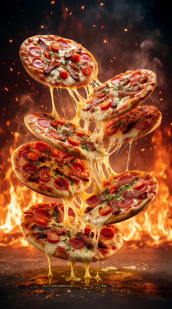 Five pizzas float stacked in mid-air, connected by thick strands of stretching melted cheese. The golden-brown crusts are generously topped with pepperoni, roasted meat, cherry tomatoes, and fresh herbs. Dripping cheese and oil pool on a dark surface below. The dramatic background is an active inferno of roaring orange flames, rising smoke, and flying glowing embers. High-contrast cinematic lighting with warm golden backlighting emphasizes the glossy textures in this hyper-realistic, dynamic food photography shot.