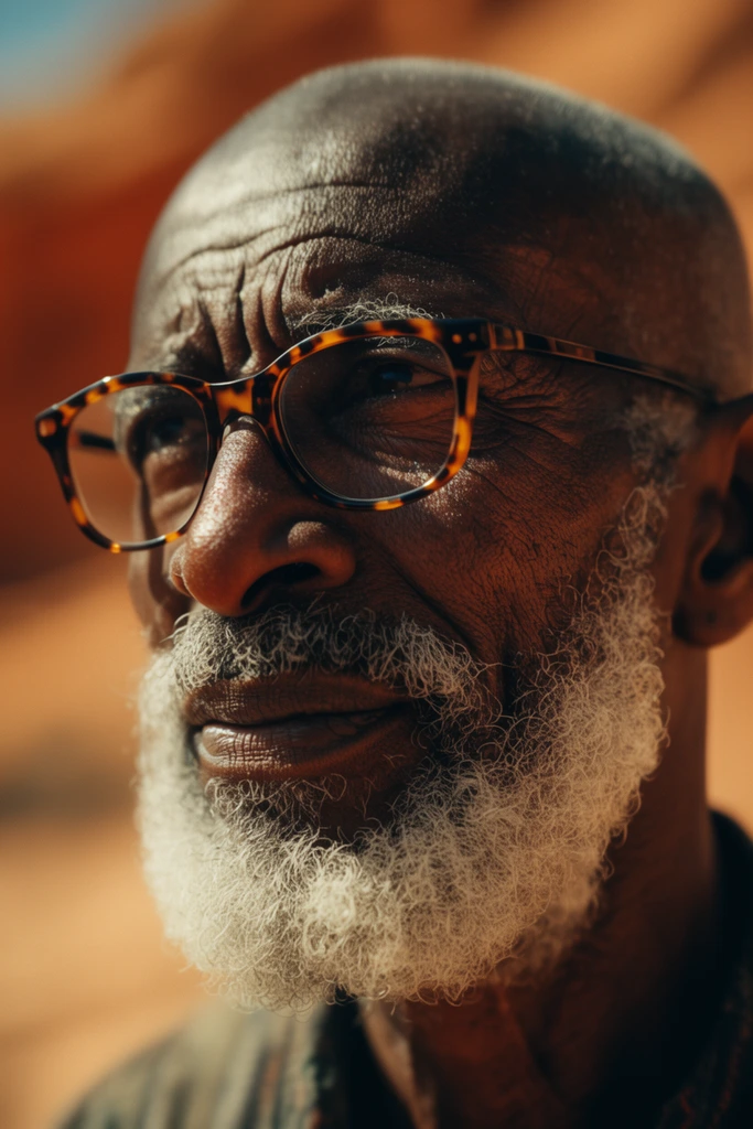 Extreme close-up cinematic portrait of an elderly man with weathered dark skin, a shaved head, and a thick grey beard. He wears tortoiseshell glasses and gazes thoughtfully off-camera. Warm directional sunlight highlights deep facial wrinkles and skin texture. The background is a heavily blurred expanse of amber and terracotta desert tones. Shot with shallow depth of field and anamorphic framing.