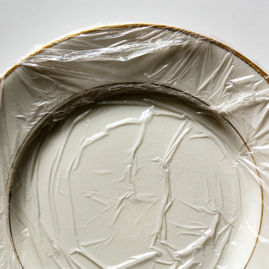 A close-up macro shot of the upper half of an off-white ceramic plate with a delicate gold-painted rim, resting on a flat, matte white surface. The plate is tightly sealed in a layer of clear plastic cling film. The transparent wrap is stretched unevenly across the concave surface, forming distinct, sharp ridges, intricate folds, and textured wrinkles. Strong, directional overhead lighting catches the glossy highlights on the plastic wrap and casts deep, crisp micro-shadows around the creased edges, emphasizing the tactile, clinging nature of the material against the smooth ceramic.