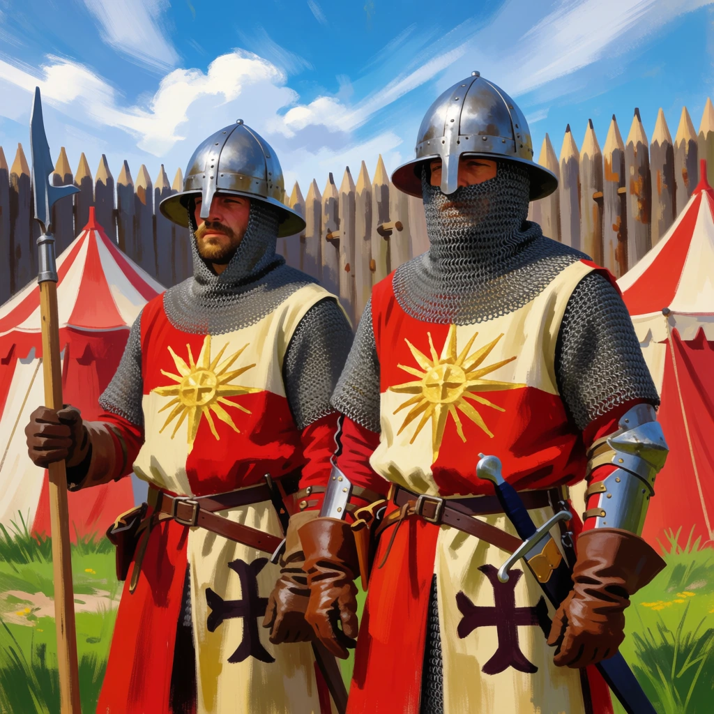 Two medieval soldiers stand watch wearing steel kettle helmets, chainmail coifs, and hauberks. Their striking red and cream quartered surcoats feature prominent golden sunburst emblems and dark cross patterns. The left soldier grips a wooden polearm, while the right carries a sheathed sword with a silver hilt. Both wear heavy brown leather gloves and segmented metal bracers. Behind them, red and white striped tents sit on green grass, enclosed by a tall palisade wall of sharpened wooden logs. The vibrant digital painting features expressive brushstrokes, bright daylight, and a blue sky filled with sweeping clouds.