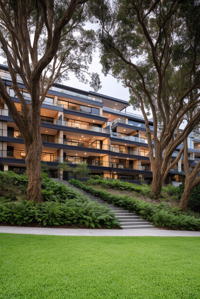 A modern terraced apartment building framed by large mature trees with thick trunks. The multi-story architecture features dark horizontal bands, glass balconies, and warm interior lighting. A bright green lawn fills the foreground, leading past a paved walkway to a landscaped staircase bordered by dense ferns ascending the sloping terrain in natural daylight.