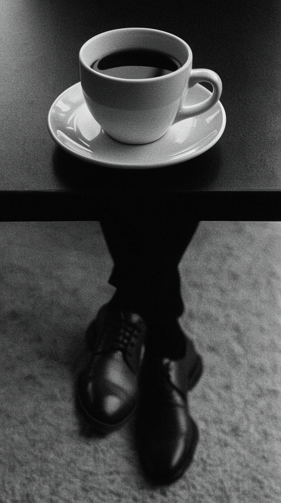 A high-contrast black and white photograph of a light-colored coffee cup and saucer on a dark table edge. Directly beneath the cup's shadow, human legs in dark trousers and oxford shoes dangle crossed at the ankles. The precise vertical alignment forms a seamless dark shape extending from the saucer to the shoes. Heavy film grain, soft focus, and a textured floor complete the moody composition.