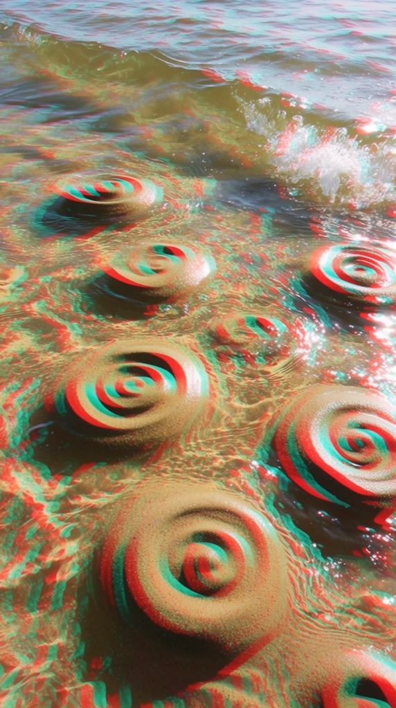 Shallow rippling water flows over a sandy seabed dotted with raised spiral formations, heavily processed with a red-and-cyan anaglyph stereoscopic effect. An overhead perspective captures the transparent water moving across coiled sand mounds, with small waves breaking into white froth in the upper right. Bright sunlight casts stark specular highlights on the water's surface. Intense chromatic aberration completely distorts the image, creating severe red and cyan fringing that offsets the edges of every ripple, wave, and textured sand spiral.