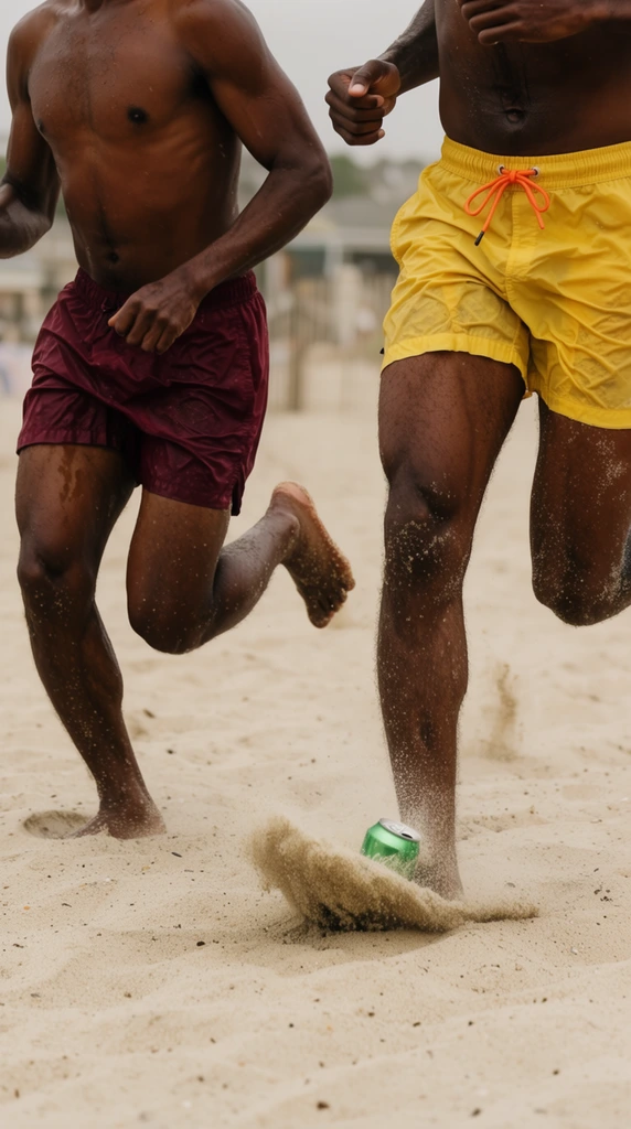 Two dark-skinned runners sprint across a pale sandy beach, captured from a dynamic low-angle close-up focusing on their torsos and legs. The figure on the left is shirtless in maroon swim trunks, arms pumping in mid-stride. The runner on the right wears bright yellow trunks with an orange drawstring, their forward leg vigorously kicking up a frozen cloud of sand in the immediate foreground. A bright green aluminum can rests partially buried in the sand directly beneath the flying foot. Grains of wet sand cling to their skin and damp clothing. The background dissolves into a hazy bokeh blurring distant beachside structures and fences under a muted sky. Shot with a fast shutter speed and shallow depth of field, the kinetic composition highlights a warm earthy color palette and striking textural contrasts between muscular limbs, crinkled fabric, and airborne grit.