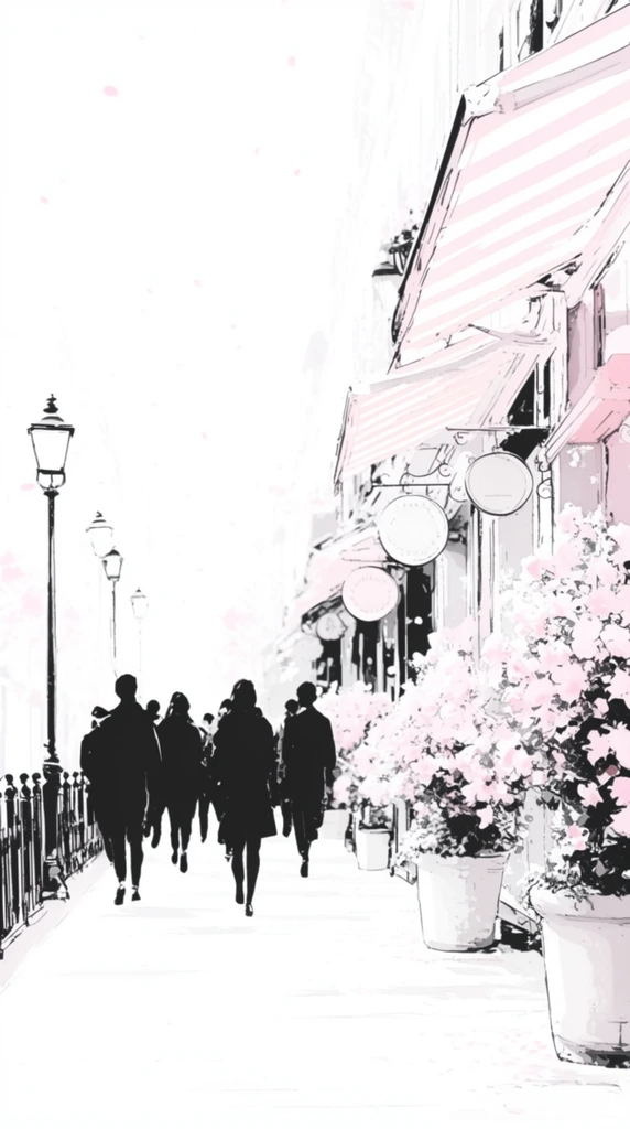 A group of pedestrians walks away down a bright street rendered in a high-key, dreamlike illustration style. The figures appear as starkly contrasted black silhouettes with simplified forms against a blinding white environment. To the right, charming storefronts feature pale pink and white striped awnings, round hanging signs, and large potted plants overflowing with soft pink blossoms. Vintage black streetlamps and a low fence line the left side of the walkway. Faint pastel pink specks drift through the overexposed, pure white sky. The composition relies on a highly restricted color palette of deep black, stark white, and delicate pink, utilizing heavy linework and an intensely washed-out, high-contrast aesthetic.