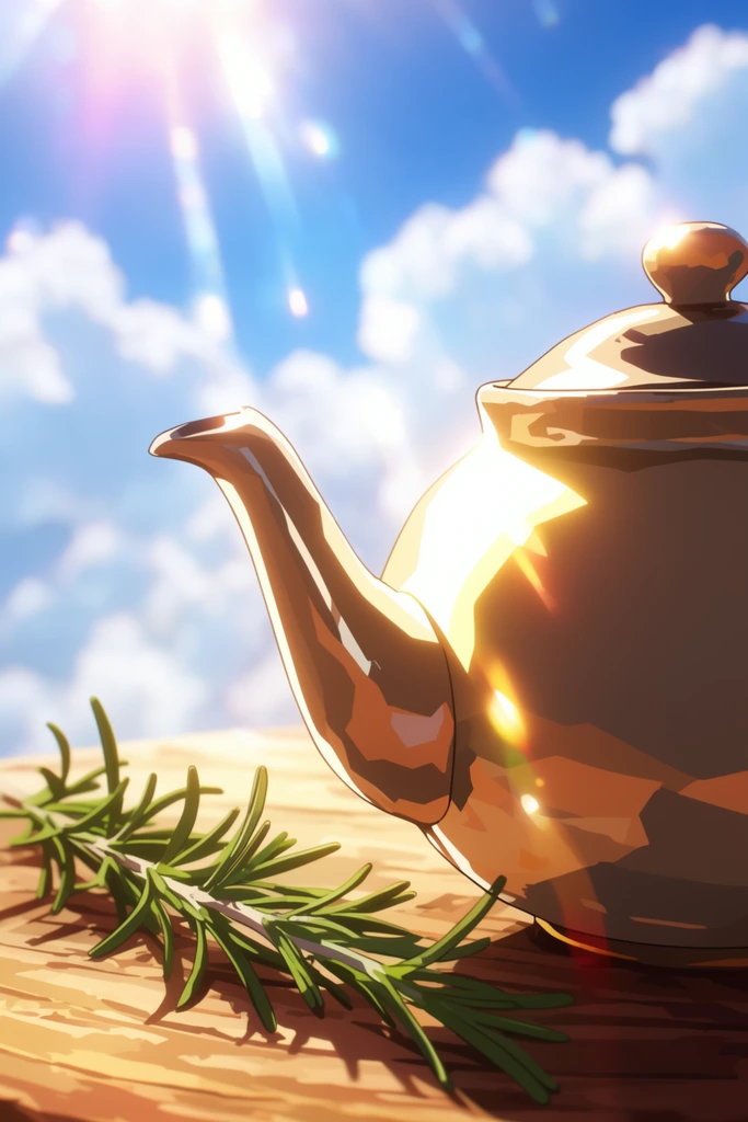 A cel-shaded teapot sits on a wooden surface beside a sprig of rosemary beneath a bright blue sky. The glossy teapot exhibits sharp geometric shading and luminous golden highlights. A green rosemary sprig rests directly on stylized wood grain. Fluffy white clouds fill the blurred, airy background. Intense backlighting creates glowing god rays, lens flares, and overexposed sun glare. The rendering uses a high-saturation anime aesthetic, featuring warm ambers, crisp whites, and vivid blues captured from a low-angle close-up perspective.