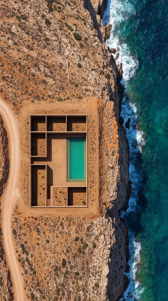 An aerial top-down view of a minimalist subterranean architectural compound built into a rugged cliffside abutting the ocean. The structure features precise geometric sunken courtyards excavated into the earth, casting sharp shadows under bright daylight. A vibrant turquoise rectangular pool occupies the largest enclosure, contrasting vividly with the arid, ochre and brown rocky terrain dotted with sparse scrub. A winding dirt road approaches the site from the left. To the right, the sheer cliff drops into deep azure and emerald sea water, trimmed by crashing white foam along the jagged shoreline.