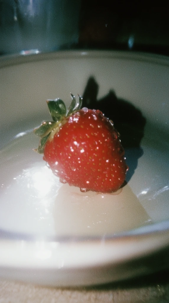A single red strawberry speckled with crisp water droplets resting on a smooth, reflective surface inside a shallow bowl, captured in the raw, candid style of 35mm point-and-shoot flash photography. Intense, direct on-camera flash illuminates the central subject, generating harsh, blown-out specular highlights on the wet fruit and the glossy dishware while casting stark, hard-edged, deep black shadows immediately behind the objects. The visual texture features heavy, noticeable film grain, slight edge softness, and the distinct optical imperfections of a small camera lens. Rapid light falloff creates heavy vignetting, obscuring the surrounding environment in a murky, dimly lit void. The overall color palette is gritty and somewhat desaturated, marked by a cool, murky color cast in the ambient shadows that sharply contrasts with the glaring, overexposed white light flattening the immediate foreground, resulting in an unpolished, lo-fi snapshot aesthetic.