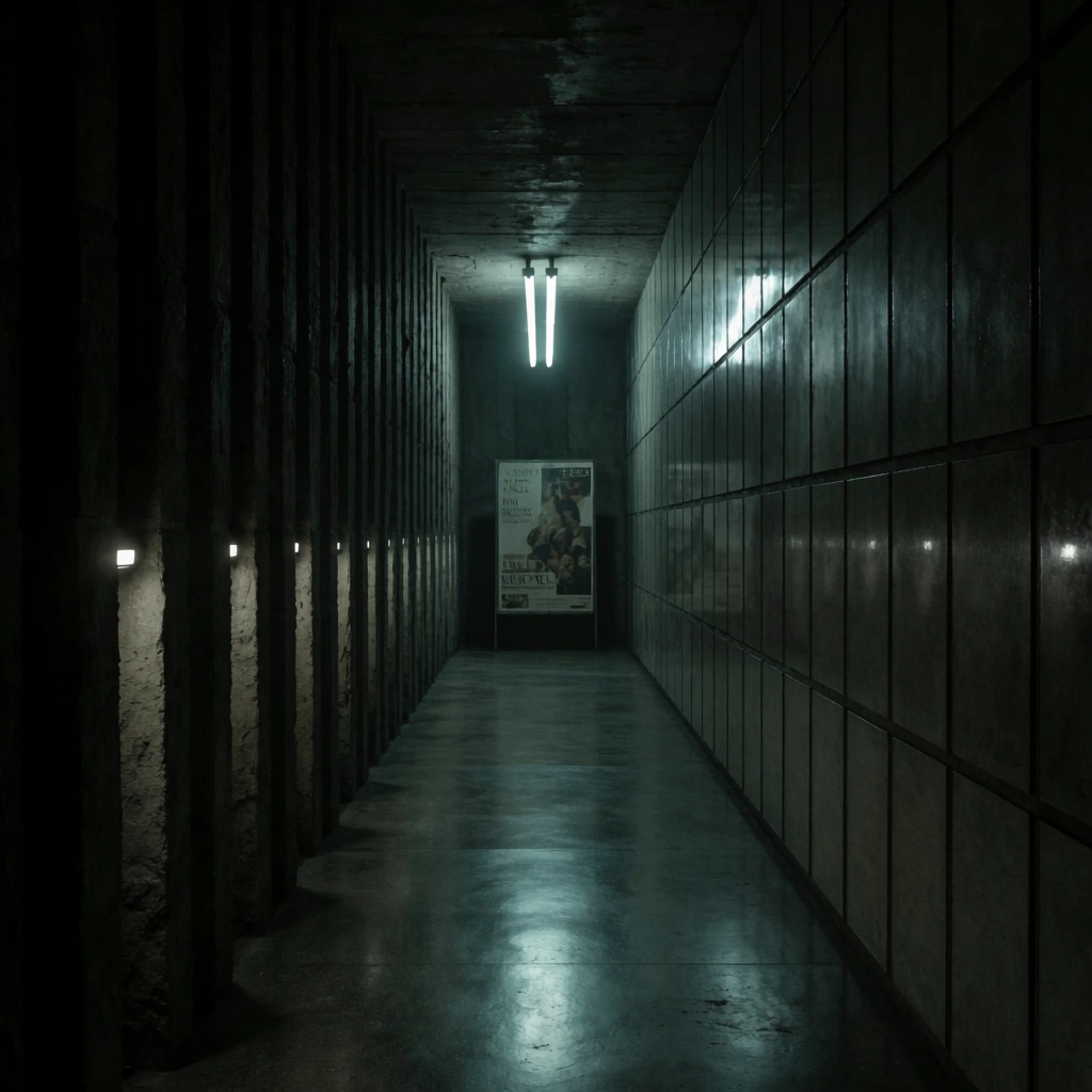 A narrow, dimly lit corridor stretches into the distance, characterized by its austere, brutalist architecture. The walls are constructed from dark, textured materials, with one side featuring vertical indentations illuminated by small, evenly spaced lights, and the other lined with a grid of smooth, reflective panels. The polished floor reflects a cold, greenish-blue tint from a pair of vertical fluorescent tube lights hanging at the far end. A large, indistinct poster stands near the end of the hall, adding a focal point to the stark, monochromatic environment. The oppressive atmosphere is accentuated by deep shadows and the uninviting, industrial aesthetic.