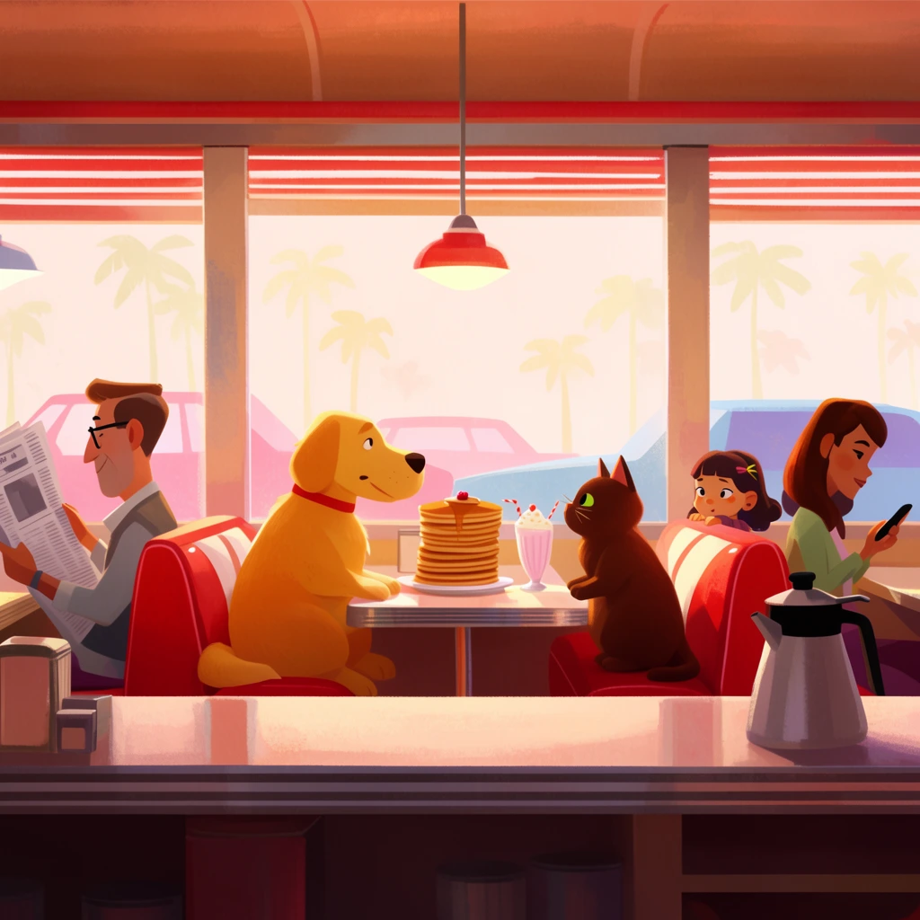 A stylized digital illustration of a retro diner interior bathed in warm sunset light. In the central booth, a golden dog and a brown cat sit opposite each other, sharing a massive stack of pancakes and a milkshake. To the left, a man with glasses reads a newspaper. On the right, a young girl peeks over a red vinyl seat to watch the animals while a woman checks her phone. A coffee pot sits on the foreground counter. Large windows reveal pastel silhouettes of palm trees and cars. The artwork features smooth character designs, painterly textures, and a cozy cinematic atmosphere.