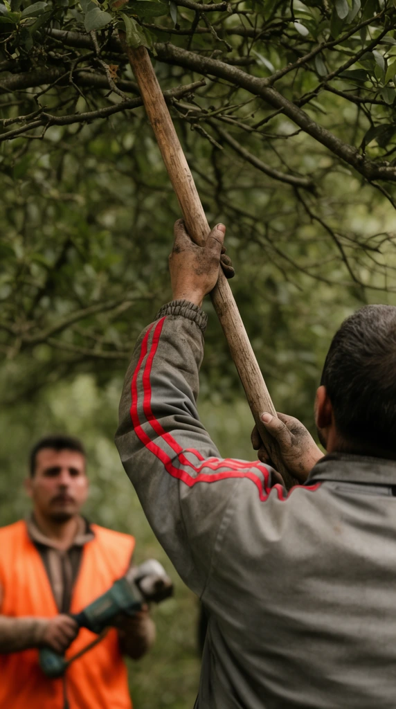 man from behind raising wooden pole into tree branches, dirt-stained hands, grey jacket with red stripes, blurred man in orange vest holding mechanical tool, shallow depth of field, earthy greens