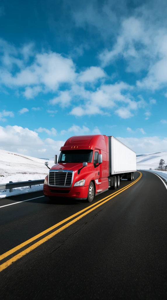 red semi-truck with white trailer driving on a curving dark asphalt highway, snow-covered rolling hills, metal guardrail, double yellow lines, vibrant blue sky with scattered fluffy clouds, bright daylight, dynamic wide-angle perspective