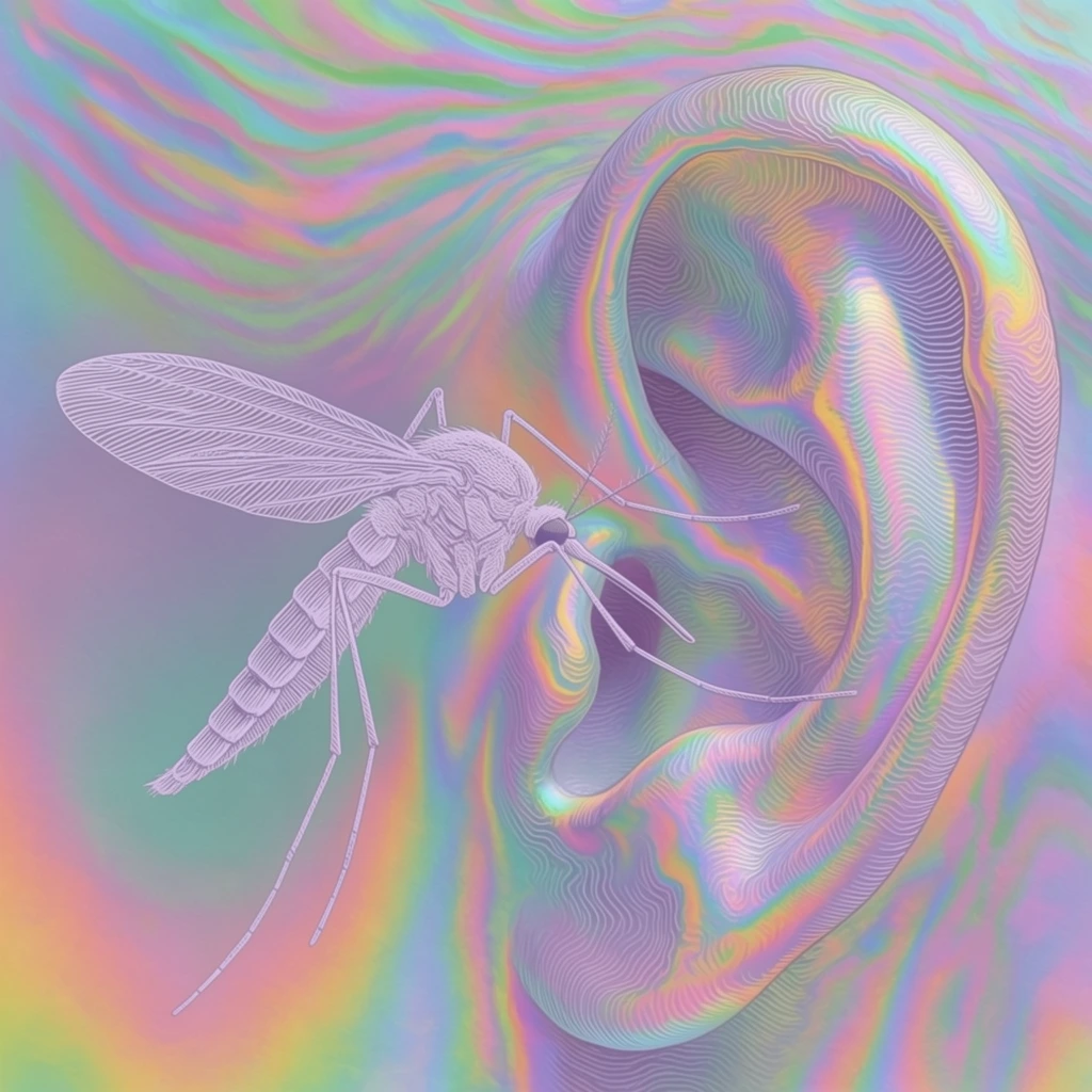 A mosquito hovering next to the intricate folds of a human ear, entirely rendered in a psychedelic, iridescent holographic visual style. The mosquito and the ear are defined by delicate, pale lavender topographical contour lines and fine engraving-style hatching. These dense, parallel wavy lines meticulously map the anatomical structure of the insect's wings, long legs, and body, alongside the curved cartilage of the ear. The underlying forms and the entire background are saturated with fluid, shimmering pastel neon gradients transitioning seamlessly between cyan, magenta, pale green, lavender, and yellow. The liquid, heat-map color shifts and flowing moiré patterns dissolve the strict boundaries between the subjects and the environment. The continuous undulating linework creates a three-dimensional topographic illusion, mimicking the reflective, shifting surface of iridescent foil.