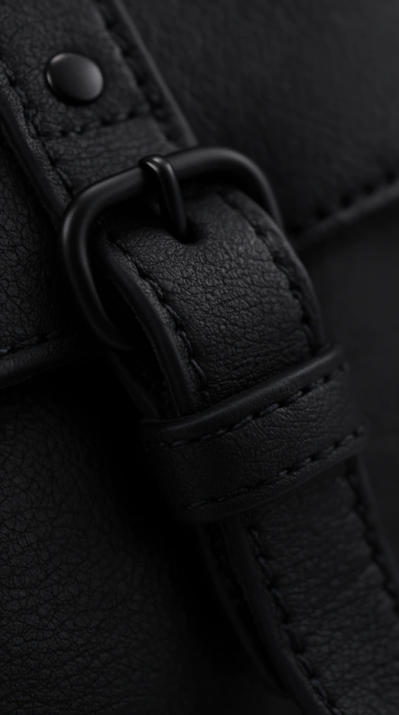 extreme close-up macro photography of a black pebbled leather strap, looped through a matte black metal D-ring buckle, fine dark stitching along the leather edges, secondary strap with a circular black rivet, shallow depth of field, soft dark lighting, deep shadows, monochromatic black color palette, rich texture details
