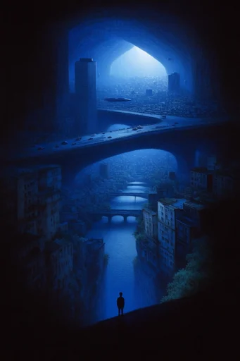 Monoliths of Cosmic Solitude style reference image — tiny solitary silhouette