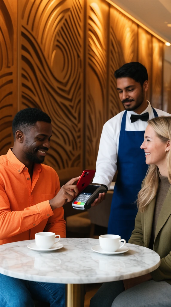 A smiling man in an orange shirt taps a red smartphone against a payment terminal held by a waiter in a blue apron. A woman in an olive jacket smiles at their marble cafe table with teacups. Warm lighting illuminates the elegant background wall featuring curved wooden cut-out patterns.