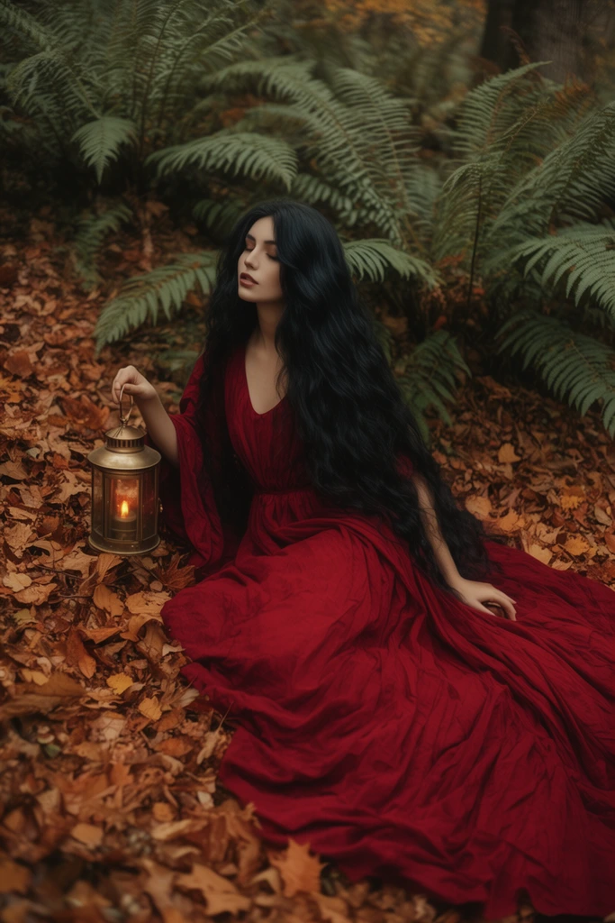 raven-haired woman resting on dry autumn leaves, flowing crimson gown, grasping a brass lantern, dense forest floor, giant ferns, diffused lighting, romantic oil painting style