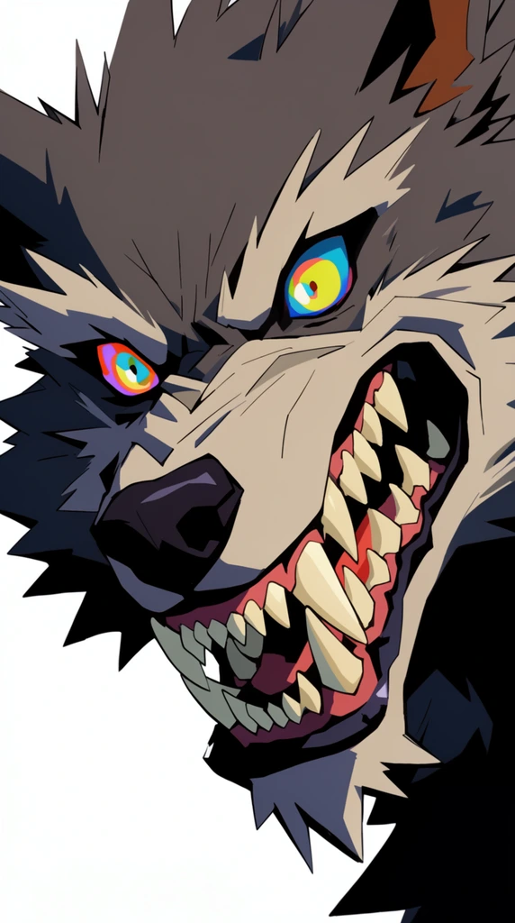 A close-up portrait of a werewolf showing its teeth, rendered in a sharp 2D digital anime illustration style. The creature's stylized face fills the frame, characterized by highly angular, geometric fur tufts and pronounced, jagged fangs defined by crisp, precise black line art. The art style employs strict cel shading with bold, flat color fills and stark, hard-edged shadow shapes. Intense, highly saturated accent tones in the glowing eyes and snarling maw contrast with heavily inked, solid black shadows. The lighting is completely flat and graphic, emphasizing the severe, spiky proportions of the werewolf's muzzle, brow, and aggressive expression. The subject is isolated against a solid, pure white background, creating a stark, high-contrast, poster-ready character design aesthetic.