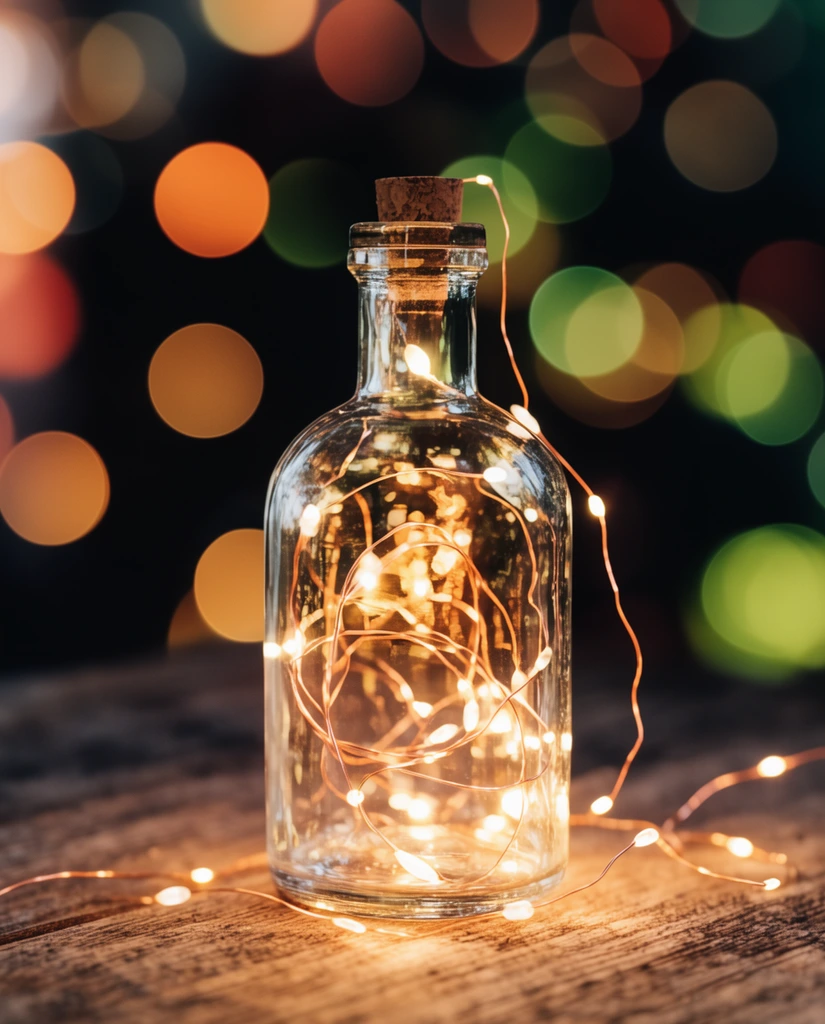 clear glass bottle on a rustic wooden surface, interior illuminated by coiled warm white fairy lights, thin glowing copper wire spilling out and trailing across the wood, dark background with large soft multicolored bokeh circles in amber and green, shallow depth of field, warm ambient lighting, highly detailed macro photography