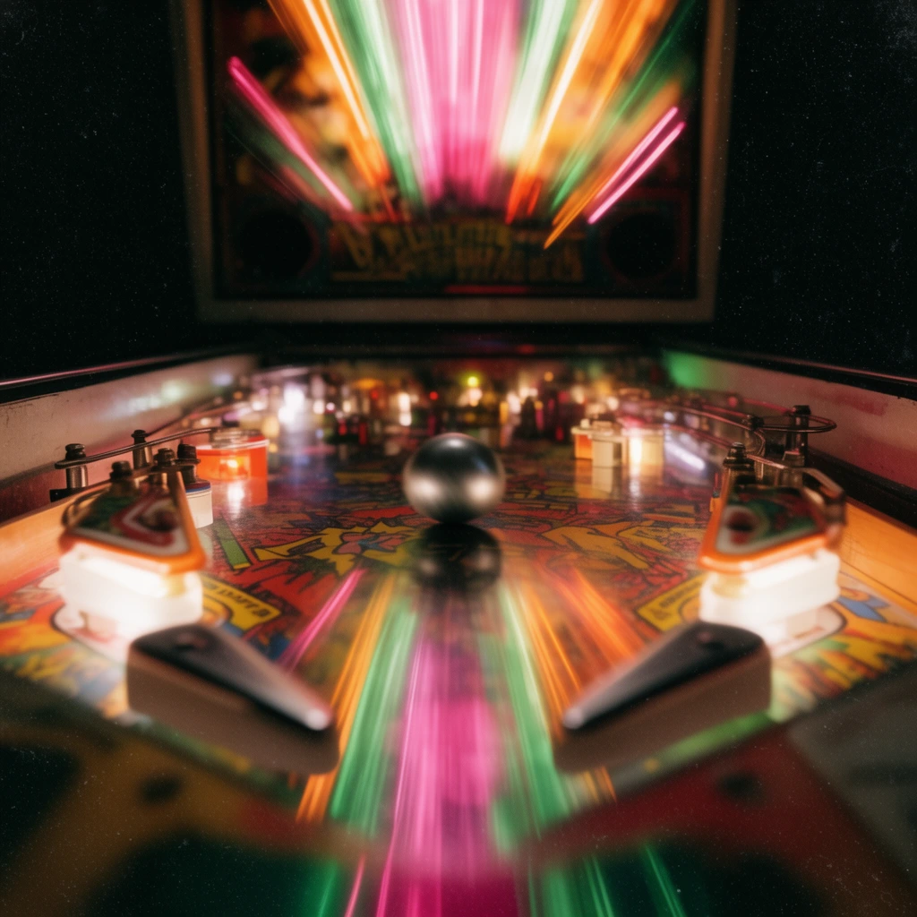 A low-angle perspective looking up a retro pinball machine playfield dominated by intense vertical zoom blur. A blurred silver ball sits centrally amid radiating streaks of vibrant pink, green, and orange neon light. Angled flippers frame the bottom over a colorful graphic surface. The distant backglass is obscured by kinetic motion trails. Heavy film grain, dust particles, and deep shadows emphasize a dark vintage arcade aesthetic.