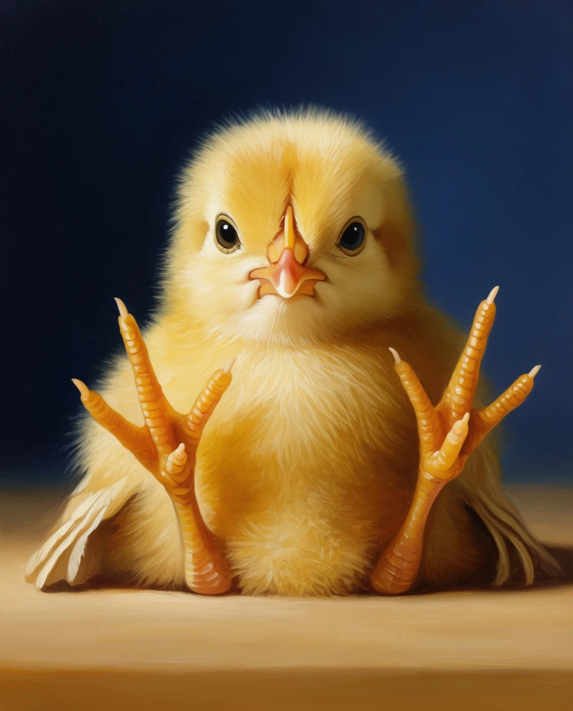 A fluffy yellow chick sits on its bottom with scaly legs splayed straight upward in a V-shape and wings pressed flat against a tan surface. The realistic oil painting features the bird staring directly forward, highlighted by warm lighting against a smooth, dark navy blue background.
