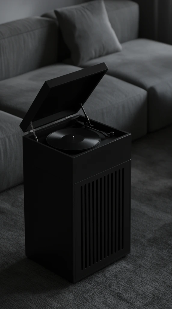 A black freestanding record player with an open lid and slatted base centers a dimly lit minimalist living room. A modular gray sofa rests on a textured rug behind it. The moody, monochromatic composition features soft diffused lighting and shallow depth of field.