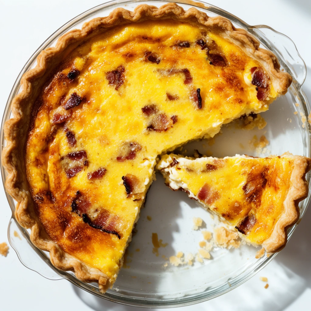 top-down view of a baked savory quiche in a clear glass pie dish on a stark white surface, single wedge cut and pulled outward, golden fluted pastry crust, bright yellow custard filling speckled with roasted dark bacon pieces, creamy interior texture revealed, scattered flaky crumbs, bright high-contrast lighting, sharp shadows, macro food photography, rich amber tones against bright white