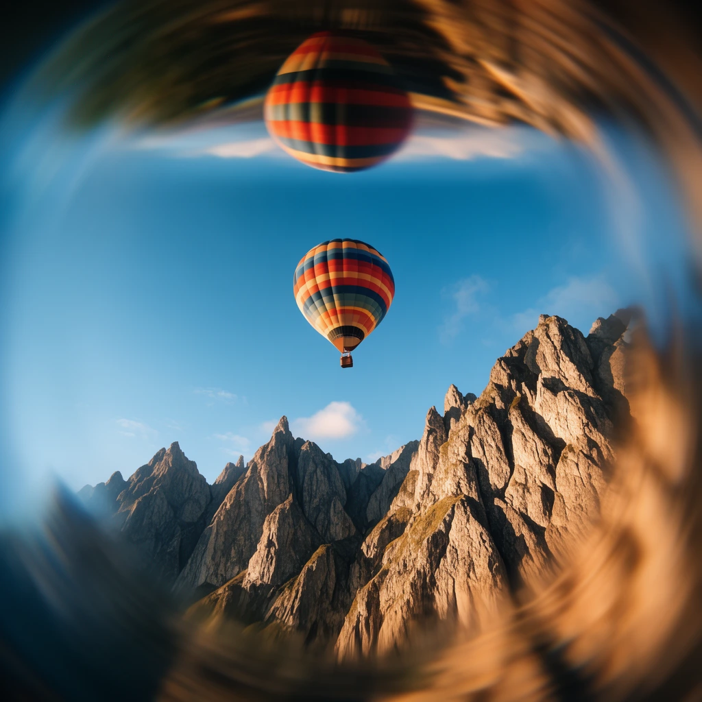A striped hot air balloon floats above jagged mountain peaks under a bright blue sky. A heavy circular radial-blur lens effect frames the composition, creating a striking tunnel vignette. Warm sunlight illuminates the rocky ridges from the right, while an inverted reflection of a second balloon distorts across the top blurred boundary.