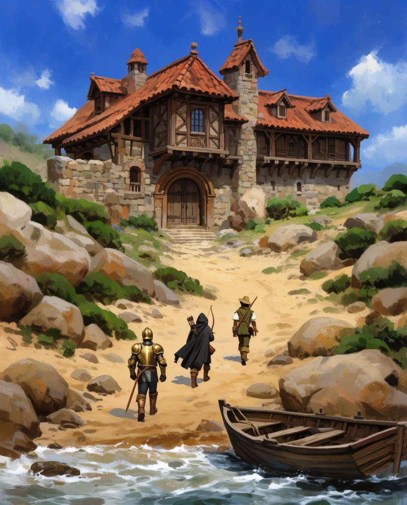 Three travelers—a brass-armored knight, a cloaked archer, and a scout—walk up a sandy coastal path toward a sprawling stone and timber manor. A wooden rowboat rests near choppy water in the foreground. The dirt trail winds between scrub-dotted boulders, leading to the structure's arched wooden entrance and terracotta roof. The landscape is depicted in a painterly fantasy concept art style, illuminated by bright daylight beneath a vibrant blue sky with scattered white clouds.